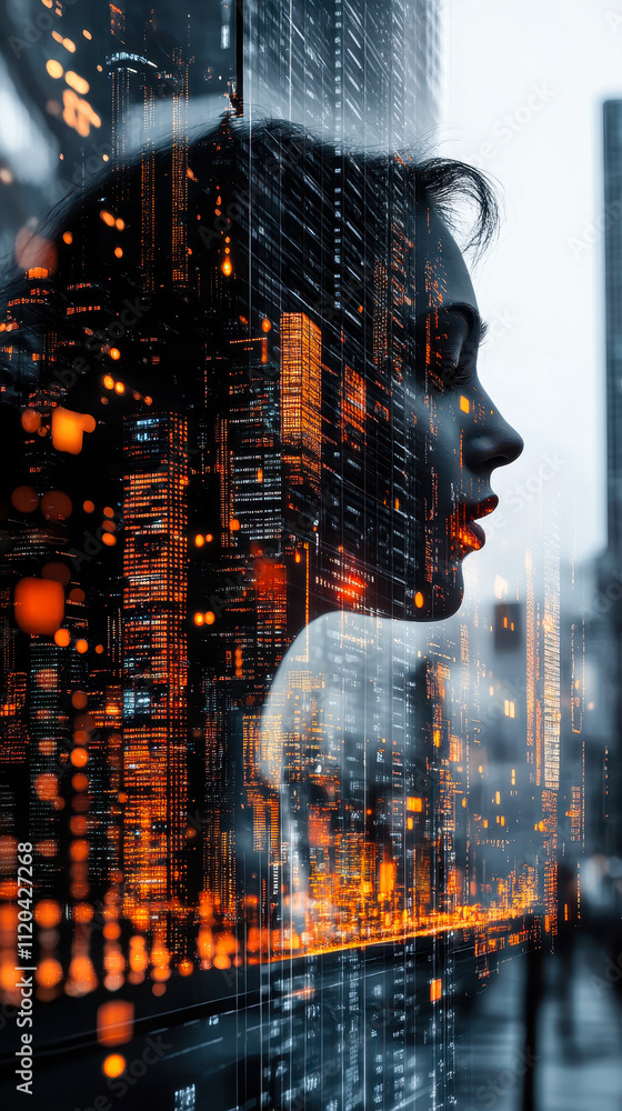 Poster double exposure data visualization: business intelligence and analytics concept