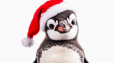 Fototapeta premium Cute penguin in Santa Claus red hat on white background.