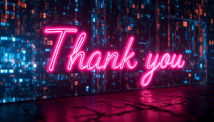 Neon pink "Thank You" sign glowing brightly against a futuristic data-filled background with sharp red and blue accents, emphasizing a sleek cyberpunk design.