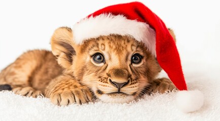 Cute lion cub in Santa Claus hat on white background.