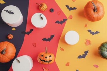 Fototapeta premium Artistic composition with pumpkins, plaster podiums, and Halloween decor presented on a colorful background
