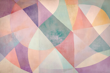 A soft abstract background with geometric pastel shapes, triangles and circles, in muted tones of rose, pistachio and lilac. AI generated.