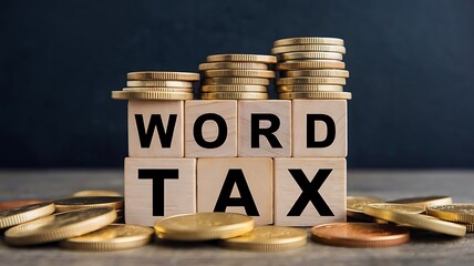 Word Tax Symbolized Wooden Block with Gold Coins Against a Dark Background