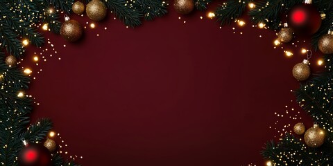 Christmas background with vibrant tones and decorative tree branches. Adorned with dark lights and shimmering ornament balls, elegant holiday frame. Perfect for banners, posters, or festive designs.