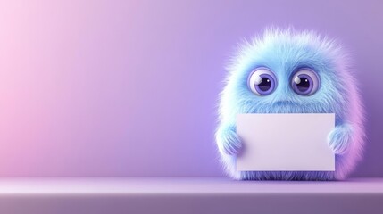 Obraz premium Cute Blue Monster Holding Blank Paper. Generative AI