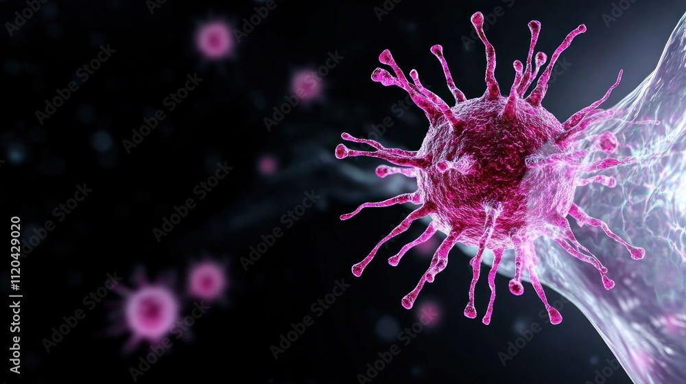 Poster close-up of a virus interacting with a cell in a dark background.