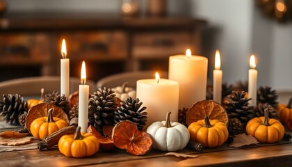 Obraz premium Cozy Autumn Feast with Pumpkin Pie, Fall Fruits, Roasted Turkey, and Seasonal Decor