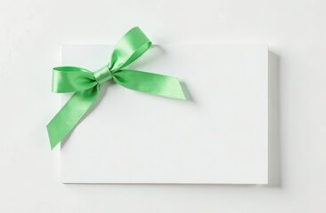 a white clear paper card with a green ribbon bow on a side on white background