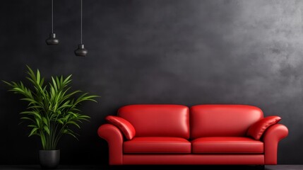 Modern minimalist living room with red sofa and empty wall mockup. Generative AI