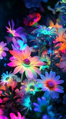 Fototapeta premium Radiant Neon Flowers in a Dark Garden