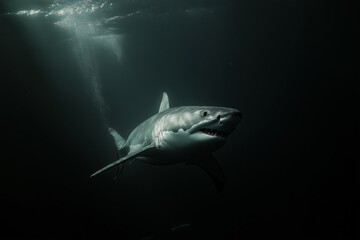 Naklejka premium A shark is swimming in the dark water. The shark is large and has a menacing look on its face