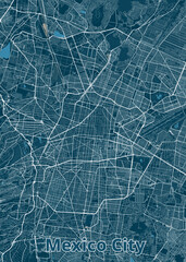 A detailed map of Mexico City, rendered in a minimalist style. The map features a dark blue background with a network of white lines representing streets and roads.