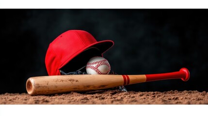 Baseball gear, including a red cap, ball, and bat, arranged on a dirt field, symbolizing teamwork, sportsmanship, and nostalgia under dramatic lighting.