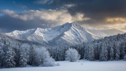 Obraz premium Paisaje natural de invierno con montañas y bosque nevado, iluminados por un cielo nublado y encapotado. Escena invernal
