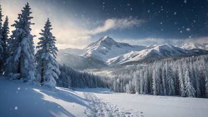 Obraz premium Vista panorámica de montañas nevadas y un bosque denso cubierto de nieve, bajo un cielo mayormente claro. Escena invernal