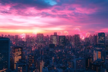 Fototapeta premium Vibrant fireworks illuminate a modern cityscape at sunset