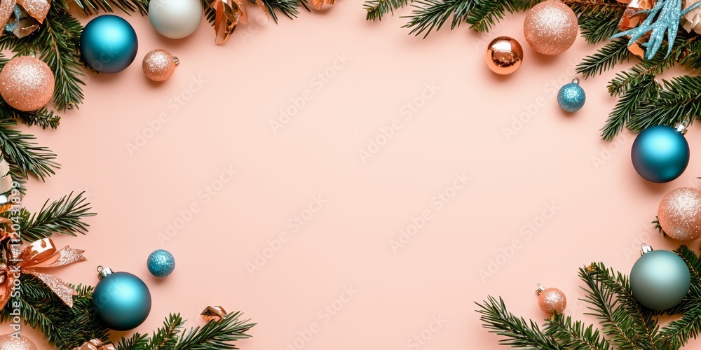 Wall mural Christmas background with vibrant tones and decorative tree branches. Adorned with dark lights and shimmering ornament balls, elegant holiday frame. Perfect for banners, posters, or festive designs.