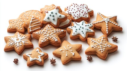 Gingerbread Cookies in Holiday Shapes on White Background. Generative AI