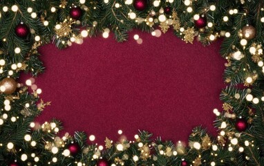 Christmas background with vibrant tones and decorative tree branches. Adorned with dark lights and shimmering ornament balls, elegant holiday frame. Perfect for banners, posters, or festive designs.