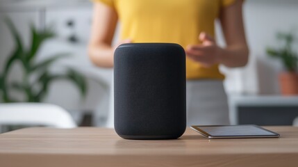 DIY Enthusiast Demonstrating How to Replace the Battery of a Smart Speaker with a Tablet on the Table in a Modern Kitchen Setting
