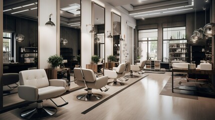 A photo of a modern hair salon with clean and organized
