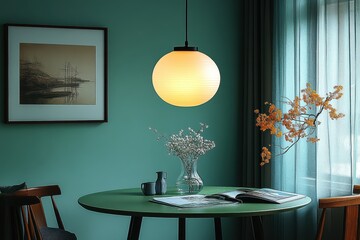 A cozy dining space featuring a round table, pendant light, and decorative flowers.