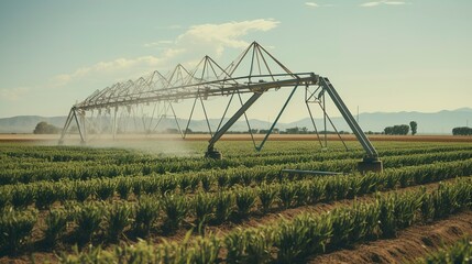 A photo of a modern irrigation pivot in a cornfield.