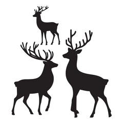 Christmas reindeer vector silhouettes on white background, Christmas Reindeer Silhouette Vector - Side Profile, Front Pose, and Sitting Pose Clipart