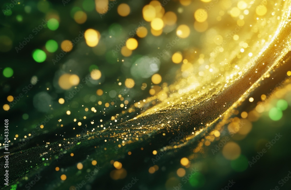 Poster abstract background with golden and green lights, glitter bokeh, golden dust, and glowing particles 