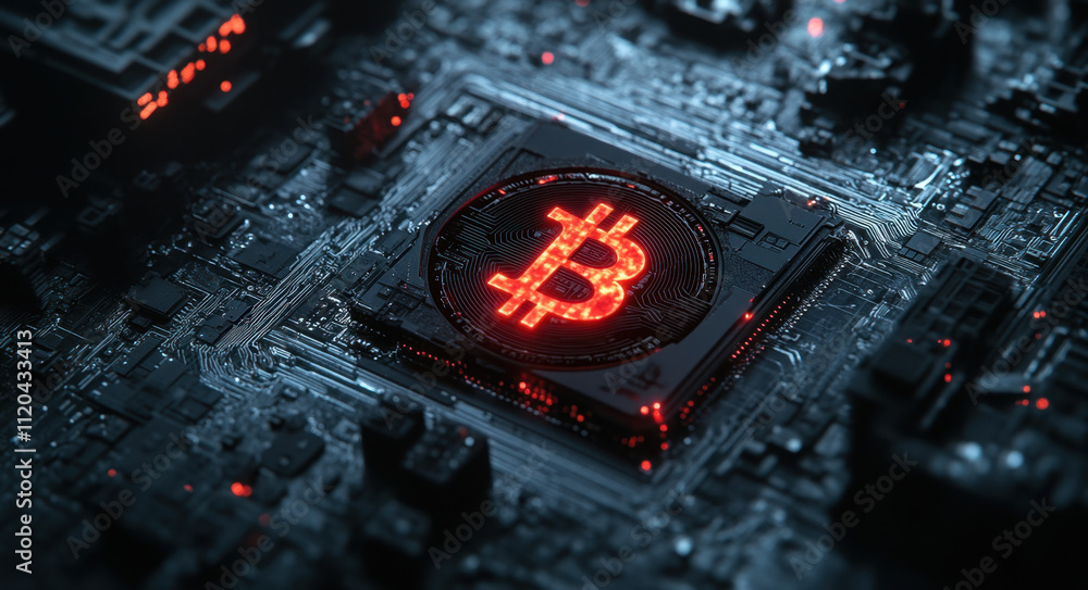 Poster glowing red bitcoin logo on an old-fashioned hard disk, surrounded by complex circuits and digital c