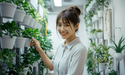 woman smiles while standing in vertical garden filled with lush greenery. vibrant plants create refreshing atmosphere, showcasing her connection with nature