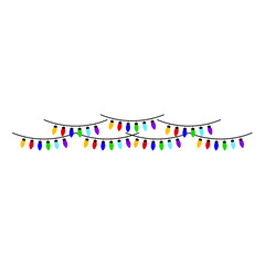 Christmas light decoration. Christmas lights. Colorful string fairy lights. Different shapes. Cartoon holiday festive Christmas decoration. Rainbow colors Flat design