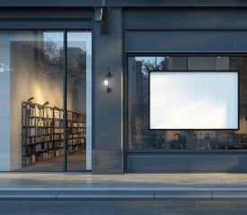 Modern books re exterior with large window and empty display board