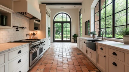 Contemporary Mediterranean Kitchen Featuring Arched Windows and Rustic Tile Flooring, Bathed in Natural Light for a Warm Inviting Atmosphere