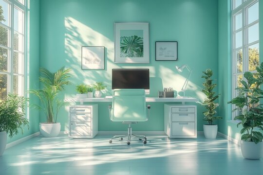 A serene, modern office space with plants and natural light promoting productivity.