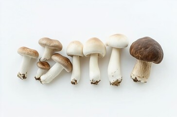 A variety of mushrooms, including oyster and brown, beige, and white-colored mushrooms, on an isolated white background. A simple composition with natural lighting to highlight the textures and colors