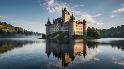 Fototapeta premium Majestic Castle at Dusk Reflecting on Tranquil Lake in Fairy Tale Scene V3