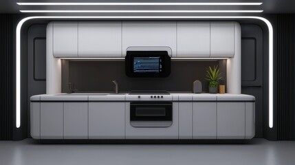 Fototapeta premium Futuristic Monochrome Kitchen with Seamless Cabinetry and Modern Design Elements for a Contemporary Culinary Space