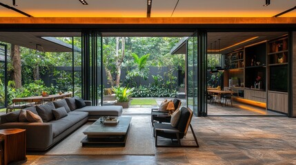 Fototapeta premium Modern luxury home interior with open plan living space, large glass doors opening to a lush tropical garden.