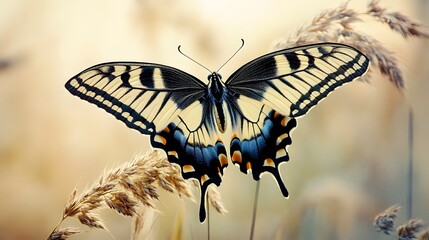 A butterfly with black and white patterned wings is perched on the tip of an ear-shaped grass blade