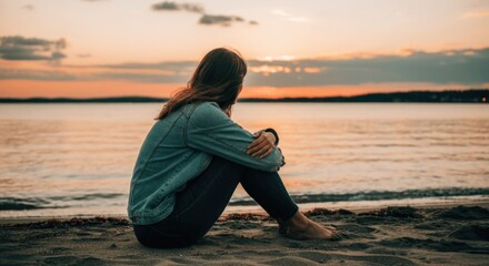 Young caucasian female sitting on sandy beach watching sunset over the ocean
