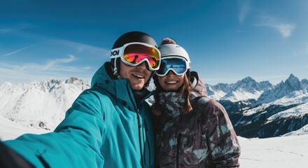 Smiling young caucasian couple enjoying snowy mountain adventure in winter gear