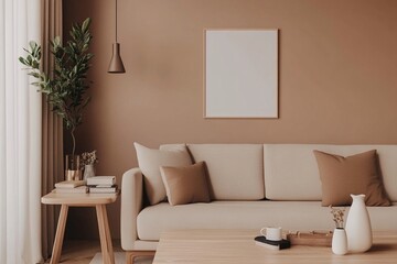 Modern minimalist living room with sofa. Scandinavian interior design. Mocha Mousse - color of the year 2025. Furniture and home decorations