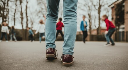 Young children playing outdoors in playground with focus on one child's shoes