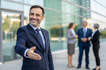 Fototapeta premium Geschäftsmann bietet freundlichen Handshake in modernem Bürogebäude