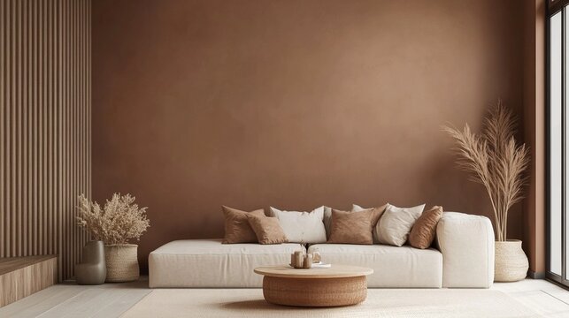 Modern minimalist living room with sofa. Scandinavian interior design. Mocha Mousse - color of the year 2025. Furniture and home decorations