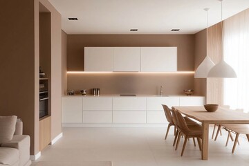 Modern kitchen. Mocha Mousse - color of the year 2025. Scandinavian interior design. Minimalist home decoration. House or apartment