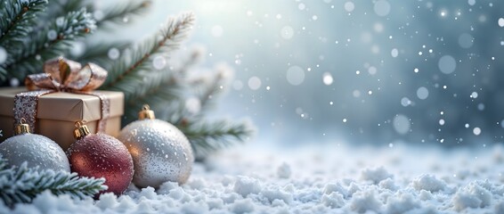 Christmas ornaments balls and a gift box rest on snow-covered ground beneath a snowy Christmas tree during a winter's day, creating a festive scene