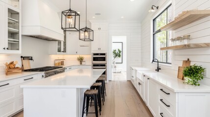 Modern Minimalist Kitchen Design Featuring White Cabinets, Matte Black Accents, and Geometric Lighting Elements for a Chic and Contemporary Home Atmosphere