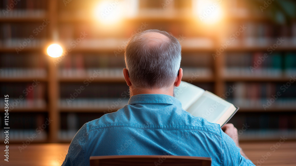 Poster man reading in library corner with open book and bookshelves